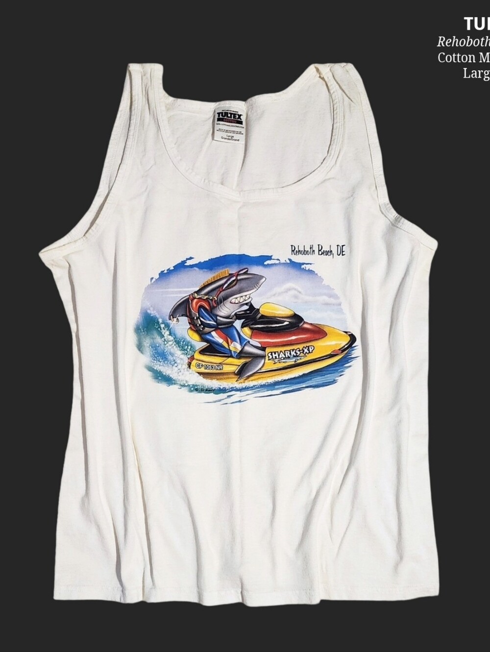 Rehoboth Beach, DE Men White Tank Top with Jet Ski Shark Graphic L